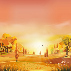 秋天农村景观晚上光与日落黄色的粉红色的橙色天空背景卡通秋天季节农村与森林树和草场与日出背景自然横幅