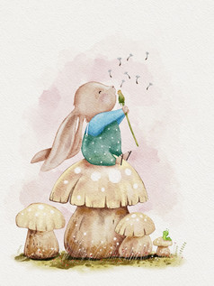 可爱的兔子坐着蘑菇吹蒲公英花水颜色手油漆插图卡通手画兔子字符为复活节问候卡春天夏天海报背景