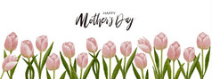 母亲的一天问候卡与粉红色的郁金香水彩画边境白色背景向量插图水平背景可爱的盛开的春天植物区系框架平设计横幅美丽的植物