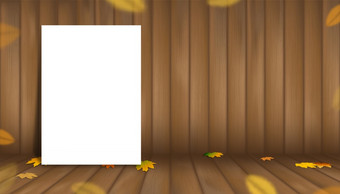 木背景与秋天叶子白色纸<strong>海报</strong>站木地板上变形插图<strong>工作室</strong>房间横幅模板模型显示为秋天季节秋天的产品演讲