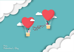 夫妇气球心形状概念情人节一天问候卡假期聚会，派对横幅海报向量插图纸艺术设计