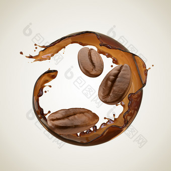 咖啡飞溅轮形状<strong>咖啡豆</strong>孤立的设计元素与剪裁路径插图
