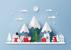纸艺术工艺风格圣诞老人老人和朋友的村与词圣诞节快乐圣诞节和快乐新一年