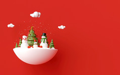快乐圣诞节和快乐新一年雪人庆祝圣诞节一天与圣诞节礼物红色的背景呈现