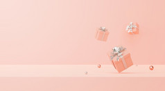 最小的场景柔和的颜色礼物盒子与银丝带粉红色的背景与复制空间呈现