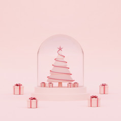 圣诞节树雪球与圣诞节礼物粉红色的背景呈现