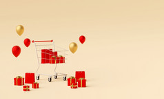 广告横幅背景为网络设计购物袋和礼物与购物车呈现