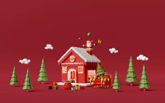 快乐圣诞节和快乐新一年红色的房子的松森林与圣诞老人老人烟囱呈现