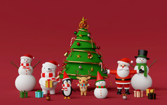 快乐圣诞节和快乐新一年圣诞节树与可爱的圣诞节字符红色的背景呈现