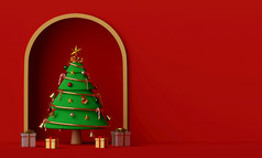 快乐圣诞节和快乐新一年场景圣诞节树和礼物与复制空间呈现