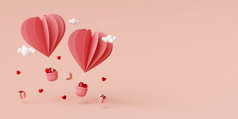 情人节横幅背景心形状气球与礼物盒子呈现