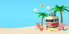 夏天假期概念旅行的海滩的携带旅行配件下棕榈树与海滩椅子插图