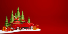 圣诞节横幅圣诞节卡车与礼物袋松森林插图