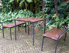 金属框架表格和椅子集的砖地板上为休息的植物花园