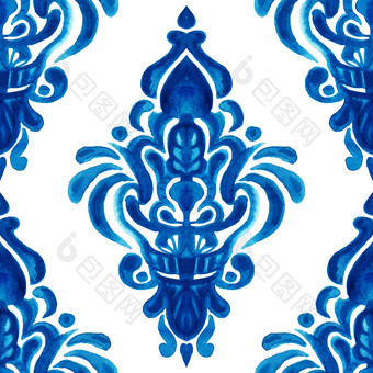 摘要瓷砖阿拉伯式<strong>花纹</strong>大马士革水彩手画无缝的模式为织物和陶瓷设计蓝色的和wite阿祖莱霍装饰元素摘要瓷砖阿拉伯式<strong>花纹</strong>大马士革水彩无缝的模式