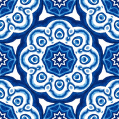 摘要蓝色的和白色手画大奖章大马士革瓷砖无缝的观赏水彩油漆模式优雅的奢侈品纹理为织物和壁纸背景和页面填满摘要无缝的观赏水彩大马士革阿拉伯式花纹油漆瓷砖模式