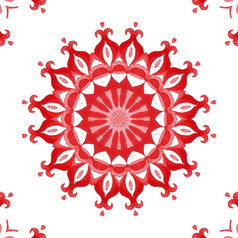 水彩红色的和白色无缝的手画曼荼罗模式设计红色的无缝的观赏水彩阿拉伯式花纹油漆瓷砖模式为织物