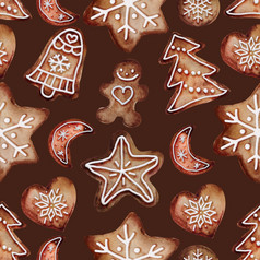 圣诞节水彩无缝的模式gingerbreads饼干姜饼无缝的模式