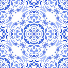 水彩蓝色的大马士革无缝的模式靛蓝文艺复兴时期的瓷砖点缀皇家蓝色的摘要金银丝细工背景葡萄牙语陶瓷瓷砖启发摘要蓝色的和白色手画瓷砖无缝的摘要变形大马士革观赏水彩油漆模式