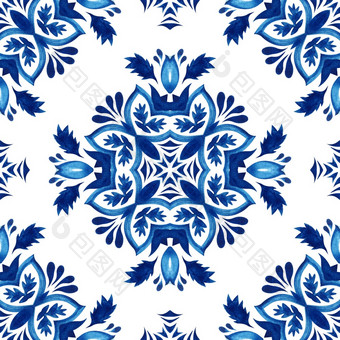 华丽的无缝的蓝色的葡萄牙语瓷砖设计陶瓷马赛克打印与花卉摘要蓝色的和白色手画瓷砖无缝的观赏水彩油漆模式