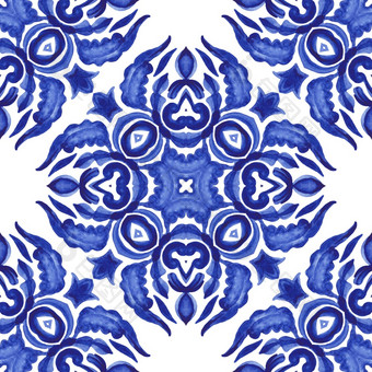蓝色的和白色阿祖莱霍华丽的无缝的蓝色的花水彩模式大奖章大马士革瓷砖水彩陶瓷大奖章大马士革瓷砖水彩手画花模式蓝色的和白色阿祖莱霍