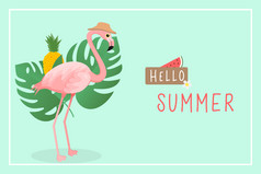 夏天时间火烈鸟与热带叶和水果横幅向量插图
