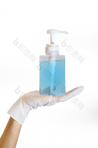 手与橡胶手套持有酒精过来这里手洗手液保护病毒科维德流感