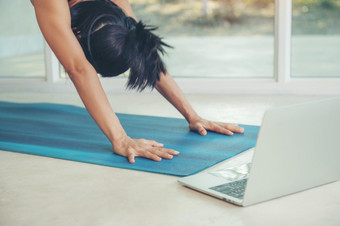 女人瑜伽向下面对狗构成内部光舒适的房间通过窗口见过绿色树叶树夏天伸展运动看健身视频教程在线移动PC做锻炼首页坐着