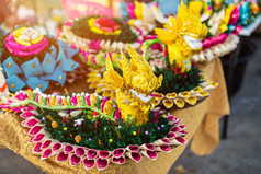 水灯浮动篮子香蕉叶泰国风格为阿来水灯节日泰国新一年和河女神敬拜仪式的完整的月亮的月著名的节日泰国