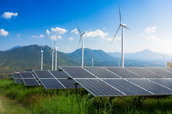 光伏<strong>模块</strong>太阳能权力植物与风涡轮机对山景观对蓝色的天空与云替代能源概念清洁能源绿色能源