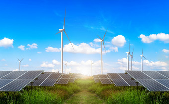 光伏模块太阳能权力<strong>植物</strong>与风涡轮机对和蓝色的天空与云替代清洁能源概念