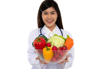 医生营养学家持有新鲜的水果橙色红色的和<strong>绿色</strong>苹果和微笑诊所<strong>健康</strong>的饮食概念营养食物处方为好<strong>健康</strong>水果医学