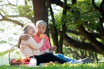 <strong>快乐</strong>老上了年纪的夫妇配偶放松和坐着毯子的公园和<strong>分享</strong>几珍贵的记忆高级夫妇有伟大的时间在一起野餐概念成熟的的关系