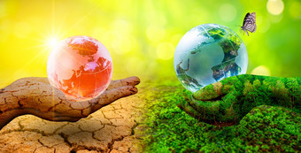 两个orb手与非常不同的环境地球一天世界环境一天<strong>全球</strong>气候<strong>变暖</strong>和污染