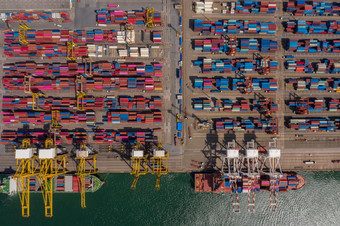 容器船加载和卸货海港口空中视图业务物流进口和出口运费运输容器船港容器加载货物运费船