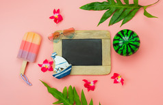 表格前视图附件计划旅行海滩夏天假期背景conceptflat躺棕榈叶与许多至关重要的项目花棕榈叶粉红色的paperblackboard为有创意的设计文本