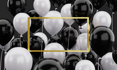 呈现现实的黄金框架模板浮动文本与黑色的和白色空气气球背景模板为海报摩天观景轮邀请概念呈现插图