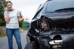 不开心女司机与损坏的车后事故调用保险公司移动电话
