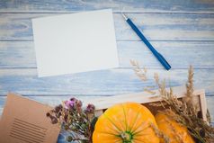 前视图秋天橙色南瓜和干花与草感恩节背景在蓝色的健美的木表格与空白信模拟和复制空间乡村风格模板为文本