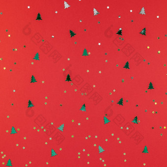 新一年<strong>圣诞节</strong>模式平躺前视图<strong>圣诞节</strong>假期庆祝活动<strong>红色</strong>的纸金和绿色闪光五彩纸屑背景广场<strong>模板</strong>为问候卡你的文本设计