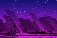 霓虹灯彩色的太阳能面板与复制空间晚上星星天空背景可再生能源概念水平拍摄