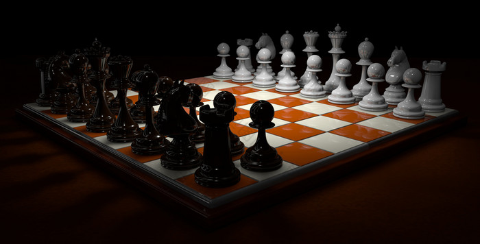 国际象棋董事会与明亮的棕色（的）和白色广场与黑色的和白色块安排之前开始的游戏黑暗棕色（的）表面黑色的背景插图国际象棋董事会与明亮的棕色（的）和白色广场与黑色的和白色块黑暗棕色（的）表面黑色的背景插图