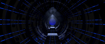 前面视图黑暗走廊与轮结构与窗口的结束的隧道与蓝色的灯与神秘的大气内部宇宙飞船插图前面视图黑暗走廊与窗口的结束的隧道与蓝色的灯与神秘的大气内部宇宙飞船插图