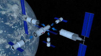的插图显示的模块的天宫中国人空间站与蓝色的箭头指出的方向耦合的天河核心模块与的地球地球后面黑色的空间与星星背景插图天宫中国人空间站模块与蓝色的箭头指出的方向耦合的天河核心模块与的地球地球后面黑色的空间