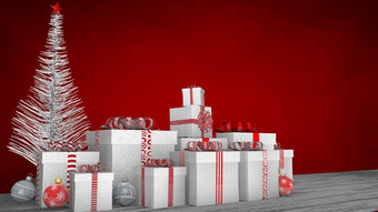 前面视图集团白色礼物盒子与丝带和<strong>红色</strong>的弓白色木地板上装饰与<strong>红色</strong>的球和白色圣诞节树<strong>红色</strong>的背景插图白色礼物盒子与丝带和<strong>红色</strong>的弓白色木地板上装饰与<strong>红色</strong>的球和白色圣诞节树<strong>红色</strong>的背景插图
