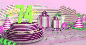 紫色的轮生日蛋糕装饰与色彩斑斓的火花和粉红色的行明亮的表格与绿色飘带聚会，派对帽子和礼物盒子与粉红色的丝带和糖果的表格粉红色的背景插图紫色的轮生日蛋糕装饰与彩色的火花和粉红色的行表格与绿色飘带聚会，派