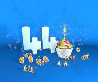 蛋糕与闪闪发光的蜡烛为生日周年纪念日与的大数量白色与黄色的飘带的蓝色的背景插图生日周年纪念日蛋糕与的大数量白色与黄色的飘带的蓝色的背景插图