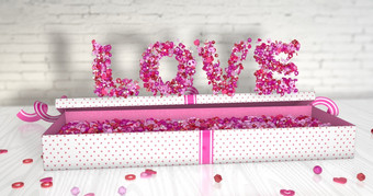 词爱使小红色的粉红色的和白色心和球体开放礼物盒子排与粉红色的心反光白色木表格插图词爱形成小心和球体红色的粉红色的和白色颜色开放礼物盒子排与心白色木表格插图