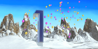 数量厚蓝色的字体。雪山与岩石山景观与雪和红色的黄色的和紫色的气球飞行的背景插图数量厚蓝色的字体。雪山与岩石山景观与雪和气球飞行的背景插图