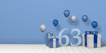 光蓝色的数量在明亮的蓝色的和白色礼物盒子装饰与气球浮动白色木地板上空房间与柔和的蓝色的墙插图光蓝色的数量在蓝色的和白色礼物盒子装饰与气球白色木地板上与柔和的蓝色的墙背景插图